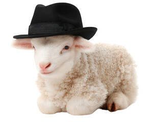 Fototapeta premium Cute lamb wearing stylish black hat, sitting comfortably on transparency background. This adorable animal exudes charm and playfulness, making it delightful subject for any audience