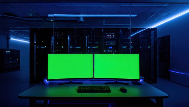 Server room with dual green screens in front of digital data center.