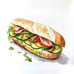 A fresh watercolor painting of a Vietnamese Bánh Mì sandwich, bursting with slices of meat, fresh cucumber, red bell peppers, and green herbs, highlighting its delicious layers.