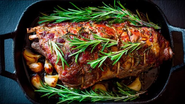 Roasted lamb with rosemary and garlic in a cast iron pan.