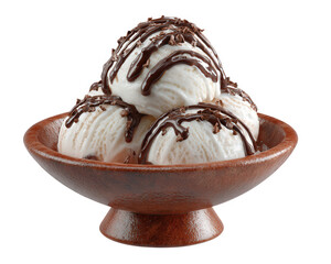 Creamy vanilla ice cream scoops drizzled with rich chocolate sauce, served in wooden bowl. This delightful dessert is perfect for any occasion, evoking feelings of joy and indulgence