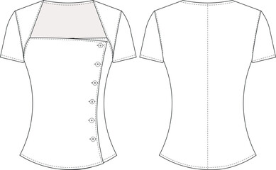 short sleeve queen anne neck buttoned square neck buttoned fit bodycon blouse top tshirt shirt template technical drawing flat sketch cad mockup fashion woman design style model 

