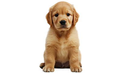 Adorable golden retriever puppy, seated, looking directly at viewer