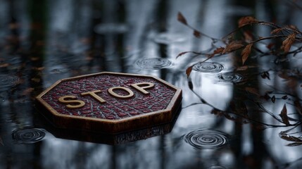 A fallen stop sign in floodwater, symbolizing abandoned rules.