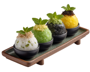 Delight in mini bingsu sampler plate featuring four colorful and refreshing shaved ice desserts, each topped with mint leaves and unique flavors, perfect for sweet treat