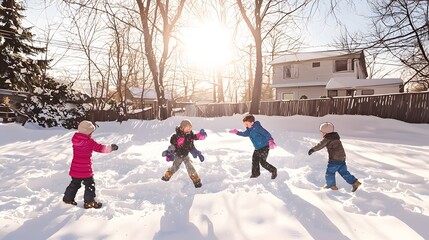 Three excited children joyfully playing together in the snow, making memories on a winter day