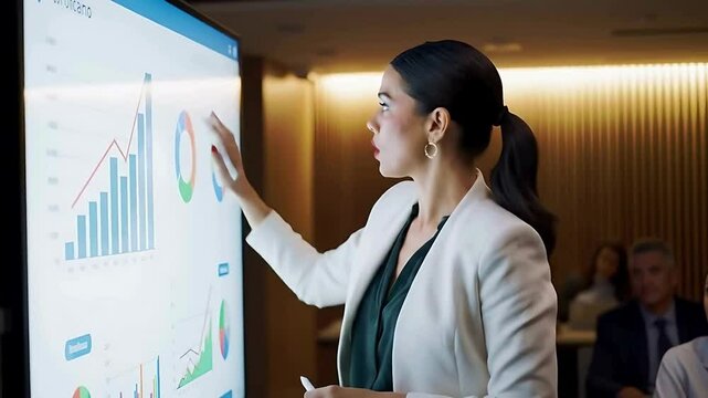 Confident businesswoman presenting financial data on interactive screen during meeting