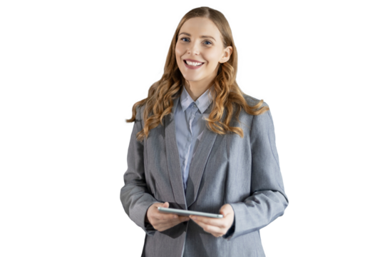 Businesswoman uses digital tablet standing on a transparent background
