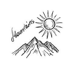 Mountain range landscape with sun shining in black brush stroke texture isolated on white. Hand drawn vector sketch illustration in vintage charcoal ink. Everest Mountain card, invitation design
