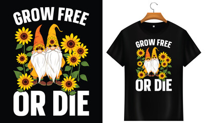 Grow Free or Die Gnome Sunflower Patriotic Garden T-Shirt Design Vector