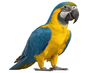 Fototapeta premium Vibrant tropical bird with blue and yellow feathers, showcasing its striking appearance against transparency background. This parrot exudes lively and cheerful demeanor, making it captivating
