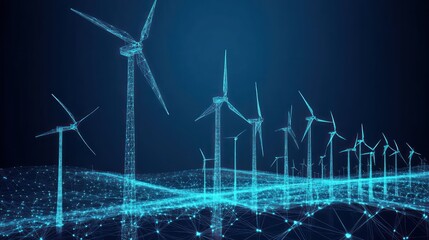 Digital wind farm, energy, network, night, landscape, renewable, technology, power, future, illustration