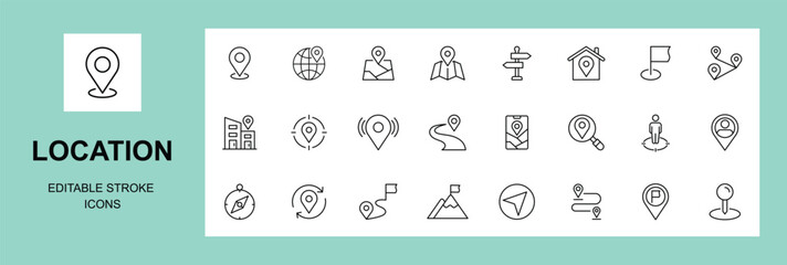 Location icon set. Containing map, map pin, destination, directions, distance, place, navigation and address icons. Map pointer icons. Location symbols. Editable stroke.