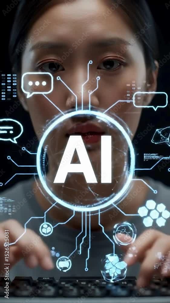 Poster ai technology concepts displayed with female hands interacting with futuristic interface