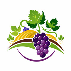 Minimalist wine logo with grape bunches, vine branches and green leaves in clean vector lines for brand identity and packaging use