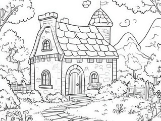 Fototapeta premium House Coloring Page for Kids. A charming coloring page featuring a whimsical house in a delightful garden setting, perfect for kids' creativity.