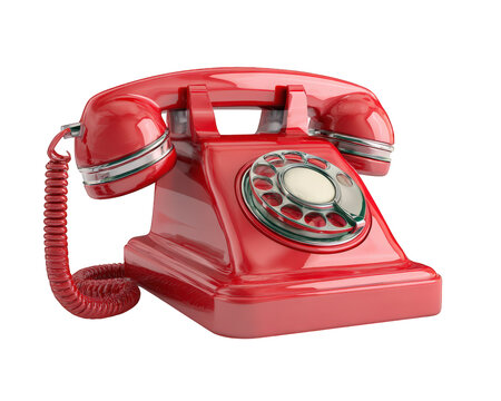 Vintage red telephone with rotary dial, featuring glossy finish and coiled cord, stands out against transparency background, evoking nostalgia and charm