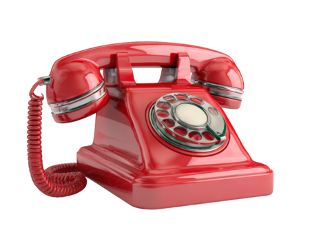 Vintage red telephone with rotary dial, featuring glossy finish and coiled cord, stands out against transparency background, evoking nostalgia and charm