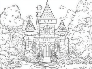 Obraz premium Castle Coloring Page for Kids. A black and white coloring page featuring a detailed castle scene in a whimsical forest setting, perfect for kids.