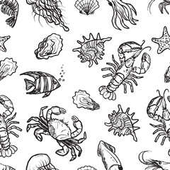 Seamless pattern with marine animals - lobster, jellyfish, shrimp, crab, squid, oyster in black brush stroke texture isolated on white. Hand drawn vector sketch illustration in vintage charcoal ink