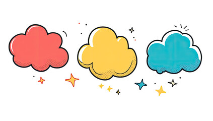 Three colorful cartoon clouds with sparkling effects