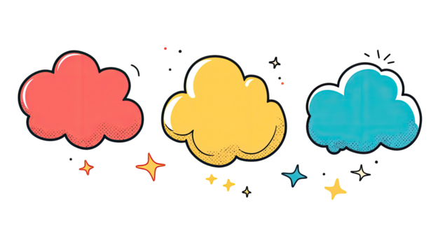 Three colorful cartoon clouds with sparkling effects