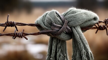 A scarf caught on barbed wire, symbolizing tenderness entangled in pain.