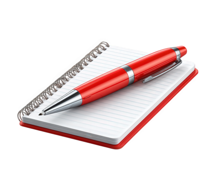 Red pen rests on spiral bound notepad with blank pages, creating vibrant and inviting workspace. This setup is perfect for jotting down ideas or notes