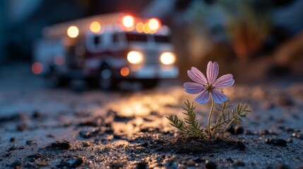 A single flower blooming beside a rescue truck, symbolizing life reclaiming ground.