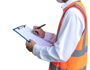 A person in a white shirt and orange safety vest is holding a clipboard and writing with a pen.