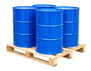 Four blue metal barrels arranged on a wooden pallet, typically used for storing or transporting liquids or industrial materials.