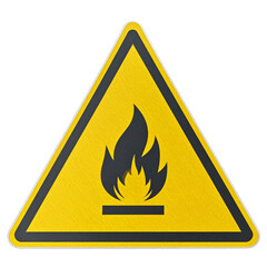 A yellow triangular warning sign with a black flame symbol, indicating flammable or fire hazard.