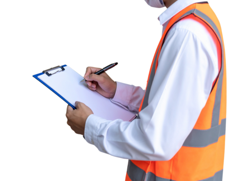 A person in a white shirt and orange safety vest is holding a clipboard and writing with a pen.
