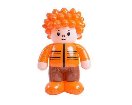 Inflatable doll boy with curly orange hair, wearing orange jacket and brown pants, isolated on transparency background. This playful design adds fun element to any space