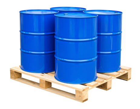 Four blue metal barrels arranged on a wooden pallet, typically used for storing or transporting liquids or industrial materials.