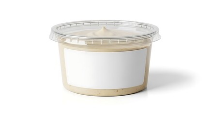 Container of tahini paste with blank label on white background