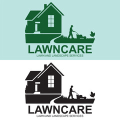 Obraz premium Professional Lawncare Service Logo Featuring a House, Lawnmower, and Gardener Logo Design – Mowing, Landscaping, Yard Maintenance Branding