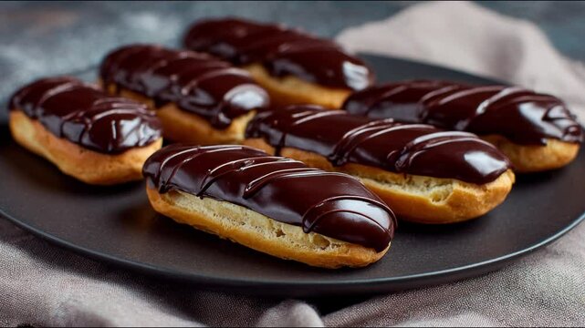 A plate of delicious chocolate eclairs. 