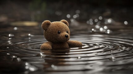 A teddy bear floating in floodwater, symbolizing childhood innocence lost to catastrophe.