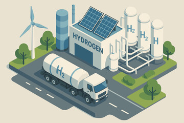 Green hydrogen energy concept isometric illustration. H2 production plant powered by renewable solar and wind power. Clean fuel infrastructure, storage, and transport truck vector.