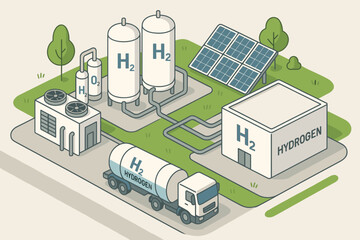 Green hydrogen energy production concept. Isometric illustration of a plant with solar panels for electrolysis, H2 storage tanks and transport truck. Renewable, sustainable fuel.