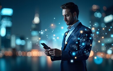 Double exposure of businessman shows modern technology as concep. High quality
