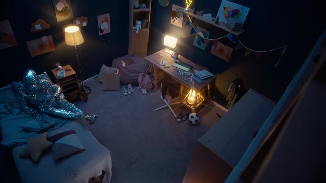 Timelapse of comic character breaking into empty kids room at night and trying different activities, lying on bed, reading, working on laptop and examining decor then walking away