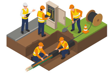 Isometric fiber optic cable installation. Team of technicians and engineers working on underground broadband internet network. Telecommunication infrastructure maintenance concept vector.