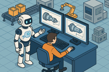 Isometric vector illustration of AI robot assisting engineer with CAD design. Human and machine collaboration in a smart factory. Industry 4.0, automation, future manufacturing concept.