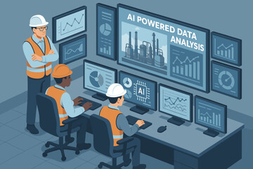 Industrial control room with engineers monitoring data on screens. AI powered analysis for smart factory automation. Industry 4.0 technology and manufacturing concept with operators.