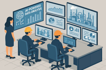 Engineers in an industrial control room using AI for data analysis and monitoring. Team working at computers with factory dashboards. Smart manufacturing technology vector illustration.