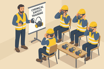 Occupational health and safety training session. Instructor demonstrating use of a respirator mask. Industrial workers in a class learning chemical safety and PPE procedures. Isometric vector.