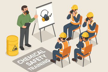 Chemical safety training isometric concept. Instructor teaches industrial workers how to wear respirator gas masks. Workplace seminar on personal protective equipment (PPE) for safety.