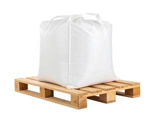 A large white bulk bag filled with material sits securely on a wooden pallet with handles for easy lifting and transport.